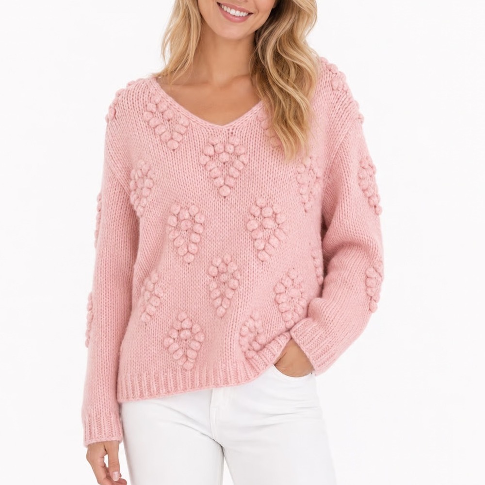 Chicwish Wool Sweater Women's Heart Pom Pom Pink Chunky Knit Excellent